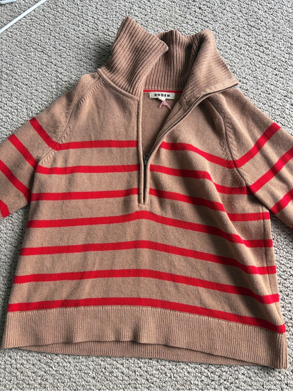 Boden Tan Sweater with Red Stripes and Half-Zip Funnel Neck